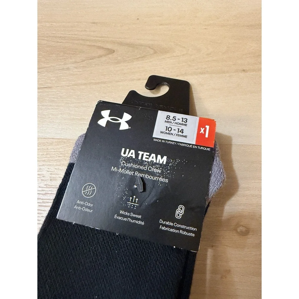 Under Armour Socks Black Crew Polyester Mid Cushion Womens 10-14, Men's 8.5-13